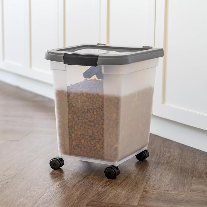 IRIS USA Airtight Dog Food Storage Container 25 lbs, Removable Wheels, for Dog Cat Bird and Other Pets, Food Storage Bin, Keep Fresh, Made in USA, Clear/Dark Gray - Image 5