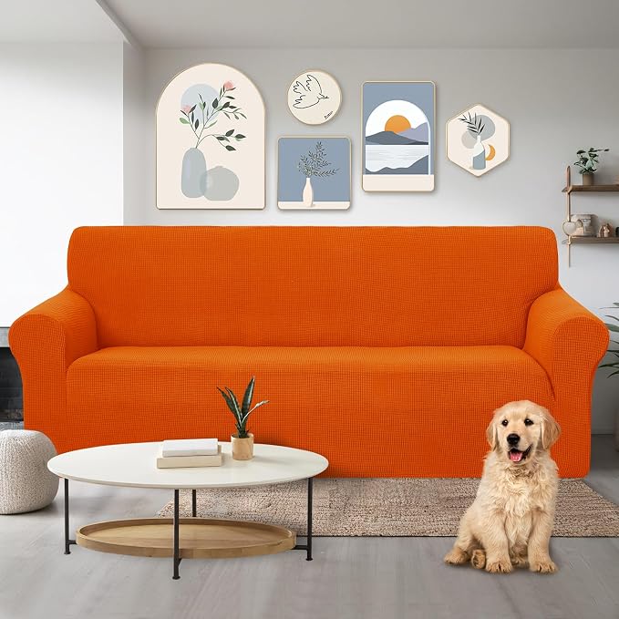 U-NICE HOME Stretch Couch Cover Slipcover for 3 Cushion Sofa, Orange | 1-Piece Sofa cover, Washable, Pet friendly, Furniture protector, Polyester Spandex Jacquard fabric - Image 2