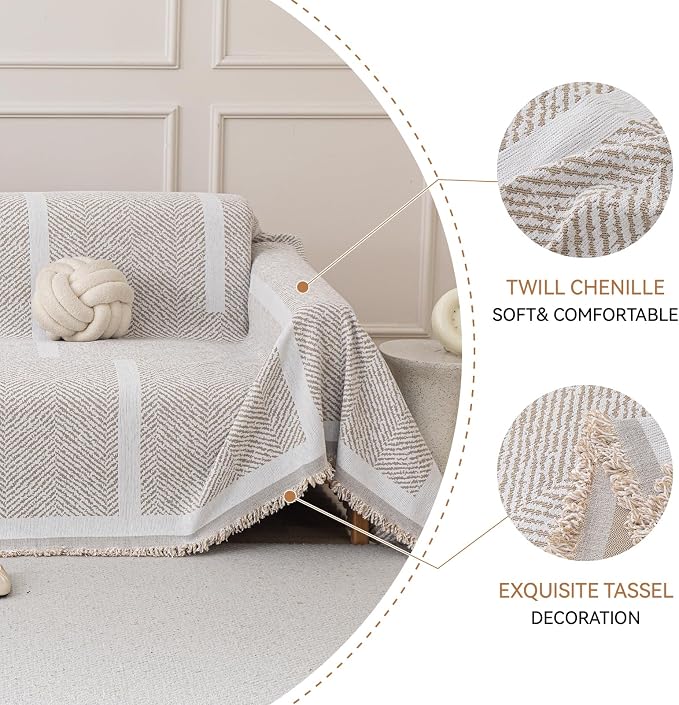 Deep Dream Boho Couch Cover for Dogs, Soft Chenille Couch Covers for 3 Cushion Couch, Thick Sofa Slipcover Sofa Cover WashableCouch Protectors for Pets (Herringbone Light Brown, 71"x102") - Image 4