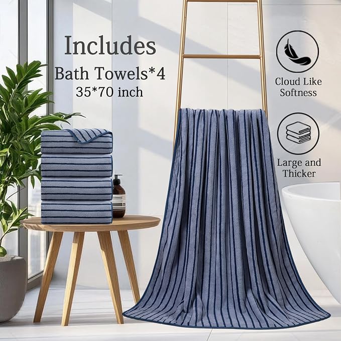 Mistyrose Bath Towels,4 Pack Navy Stripe 35"x70" Large Bath Towels Microfiber Absorbent XL Bath Sheets Super Soft Towels for Bathroom Quick Dry Oversized Shower Towels for Family Hotel Spa Gym - Image 7