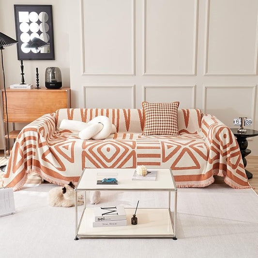 VClife Boho Sofa Cover, Caramel White Triangle Plaid Geometric Pattern Sofa Slipcover, Pet Couch Cover with Tassel for 2 Cushion Couch, Thick Soft Loveseat Cover, 71"X118" by VCLIFE