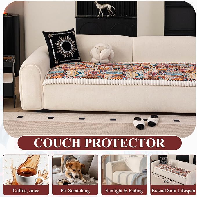 STACYPIK Boho Ethnic Dogs Couch Covers Washable, Pet-Scratch Resistant Sofa Cover for 3 Cushion Couch, Soft Plush Coral Non-slip Cushion Cover, Retro Aesthetic Jacquard Furniture Protector-27.6X82.7IN - Image 6