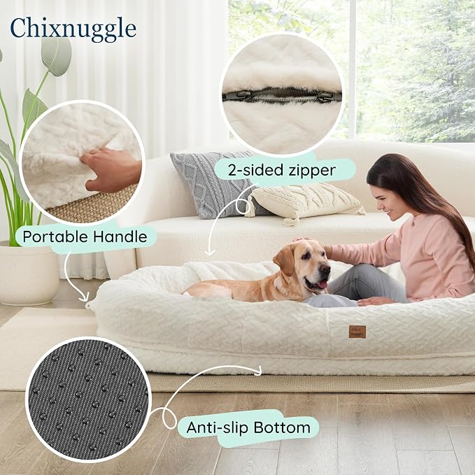 ChiXnuggle Orthopedic Human Dog Bed,with Faux Fur Washable Cover,Blanket | white,72*40*10,giant dog bed for adult or extra large dogs,egg crate foam,non-slip bottom - Image 4