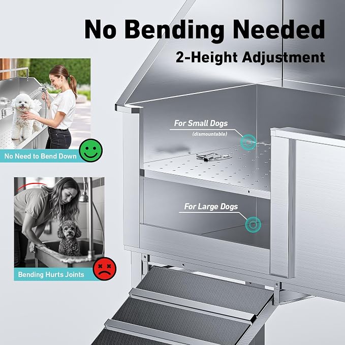 56 Inch Dog Washing Station, 304 Stainless Steel Pet Grooming Tub for Large Dogs with Ramp, Adjustable Grate, Faucet, Drainage Kit, Storage Drawer for Home, Salon, Garage | Helps Bathe Medium and Large Dogs with Less Lifting and Bending - Image 6