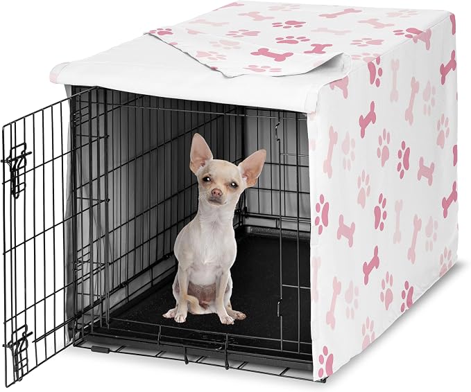 Sweet Jojo Designs 24in. Small Dog Crate Cover (Bones and Paw Prints) for Girls Pet Cage, Kennel Covers (Modern, Cartoon, Doggy, Puppy, Neutral, Paws Print, Whimsical, Playful, Pastel, Pink & White) by SweetJojoDesigns