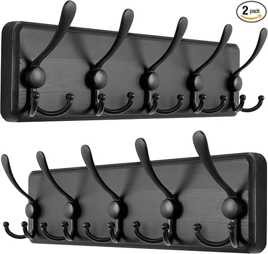 Dseap Coat Rack Wall Mounted - 5 Tri Hooks, Heavy Duty, Wooden Wall Coat Hanger Coat Hook for Clothes Hat Jacket Clothing, Black, Pack of 2 by Dseap