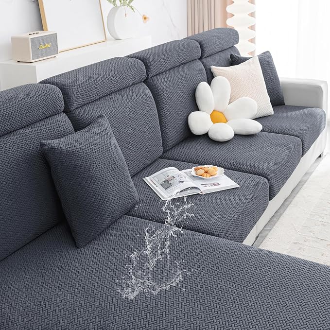 Smiry Waterproof Couch Cushion Covers, Non Slip Seat Cushion Covers | Stretch Jacquard Sectional Sofa Slipcover, Washable Elastic Furniture Protector for Pets, Kid, Medium, Grey by Smiry