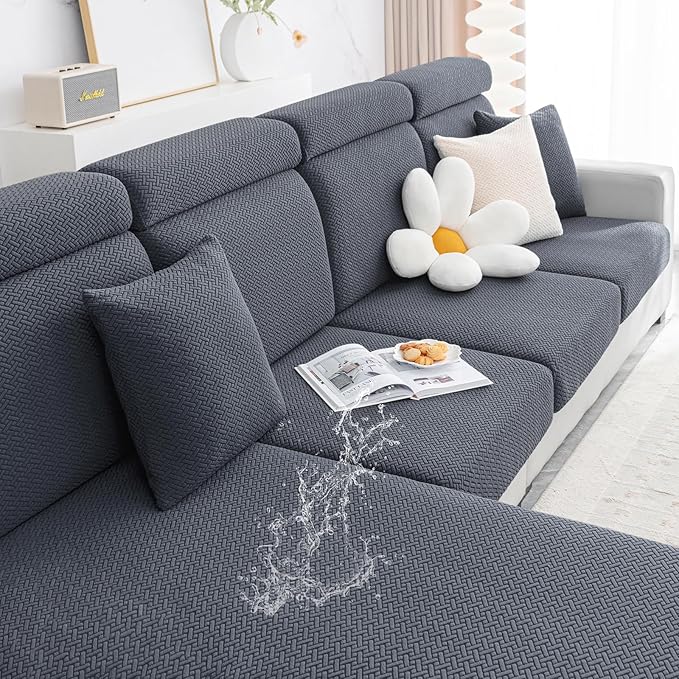 Smiry Waterproof Couch Cushion Covers, Non Slip Seat Cushion Covers | Stretch Jacquard Chaise Lounge Sofa Slipcover, Washable Elastic Furniture Protector for Pets, Back Cover L, Grey by Smiry