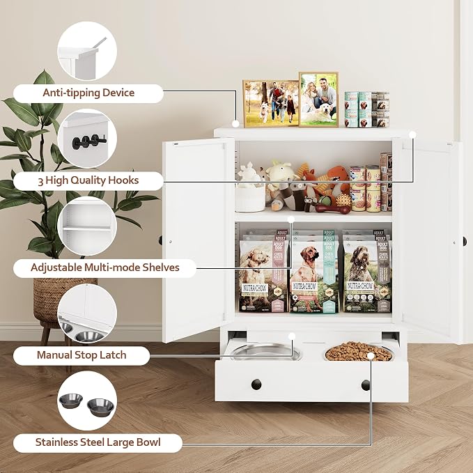 Dog Feeding Station with Storage, Metal Dog Food Storage Cabinet with 2 Elevated Bowls and 3 Hooks, Pet Feeding Station and Dogs Food Storage Organizer, White - Image 5