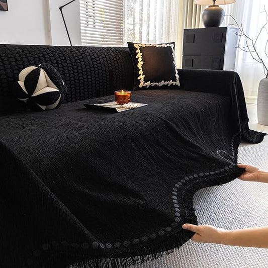 ROOMLIFE Black Sofa Cover, Vintage Boho Couch Cover for 3 Cushion Sofa, Non Slip Soft Chenille Sofa Slipcovers for Dog, Washable Furniture Sofa Protector Cover with Tassel for Living Room, 71''X118” by ROOMLIFE