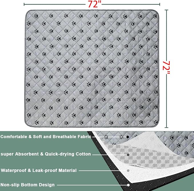 JERIA 2 Pack 72"x 72" Waterproof Non Slip Wee pad，Reusable Washable Pee Pads for Dogs，Absorbent and Leakproof Training Mats for Potty, Bed, Sofa, Potty Training - Image 2