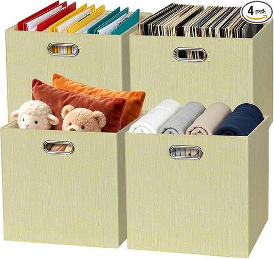 Posprica Foldable Storage Bins,13×13×13 Storage Cubes Boxes Baskets Containers for Shelf Bookcase,Thick Fabric Drawers - Set of 4, Yellow/Beige mixed by Posprica