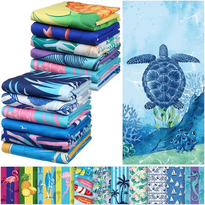 12 Pcs Oversized Microfiber Beach Towels Set 30 x 60 Extra Large Fiber Swim Pool Towel Absorbent Bath Blanket for Travel Vacation Accessories Gift Spa Soft Lightweight (Summer) by Windkream