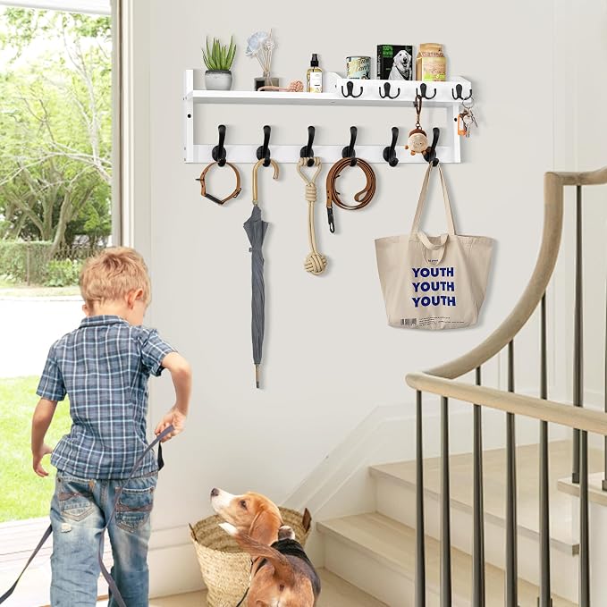 Coat Rack Wall Mount with Shelf, 27.5" Entryway Wall Hanging Shelf, Coat and Key Hanger with 10 Dual Hooks, Mail Organizer and Key Holder Hat Rack for Wall, Wood Coat Hooks with Storage - Image 6