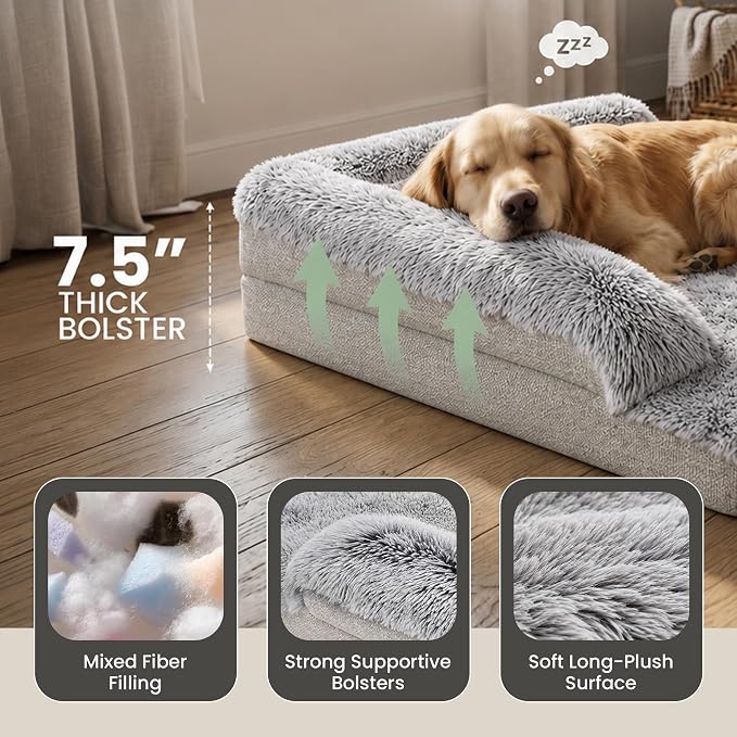 Corner Dog Bed Large, 36" Calming Fluffy Orthopedic Pet Beds, Beige | Space saving plush corner nest,egg-crate foam, washable cover, waterproof liner, non-slip bottom and bolsters for large dogs - Image 4