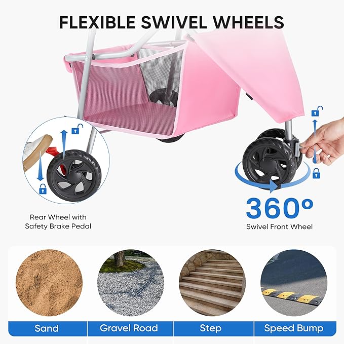 NEWBULIG 3 Wheel Pet Stroller for Dogs and Cats, Foldable, Lightweight and Durable, Ideal for Small to Medium Pets, Includes Storage Basket and Cup Holders