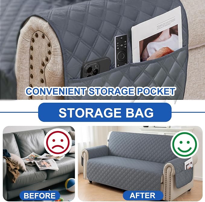 Waterproof Couch Cover for Pets, Sofa Covers for 3 Cushion Couch Washable, Non Slip Couch Covers for Dogs with Side Pockets Elastic Straps, Quilted Couch Covers for Sofa (Sofa, Dark Grey) - Image 5