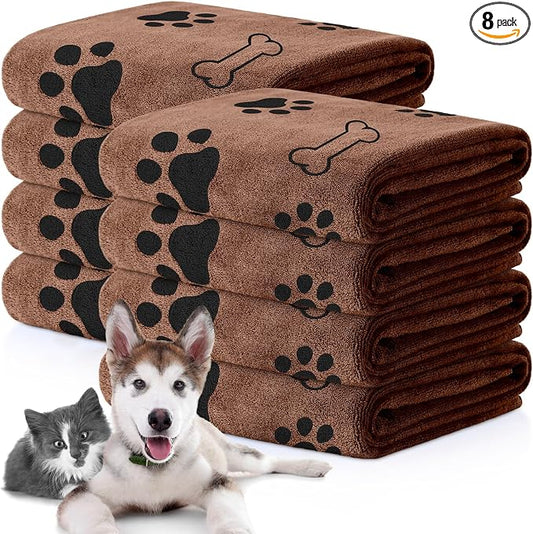Chumia 8 Pcs Microfiber Dog Towels for Drying Dogs Cats 40 x 24 Inch Pet Towels Bulk for Large Puppy Absorbent Fast Drying Paw Bath Bathing Supplies for Pets(Dog Paw and Bone,Coffee) by Chumia