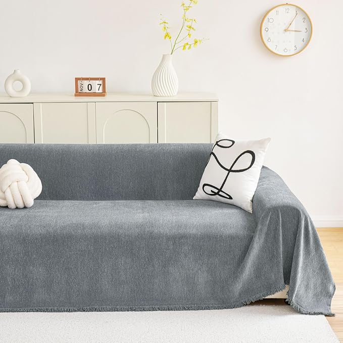 hyha Couch Cover for Dogs, Boho Chenille Sofa Cover for 3 Cushion Couch | Anti-Scratch Washable Sofa Slipcover, Loveseat Sectional Couch Throw Blankets with Tassels (Grey, 71x150 Inch) - Image 2