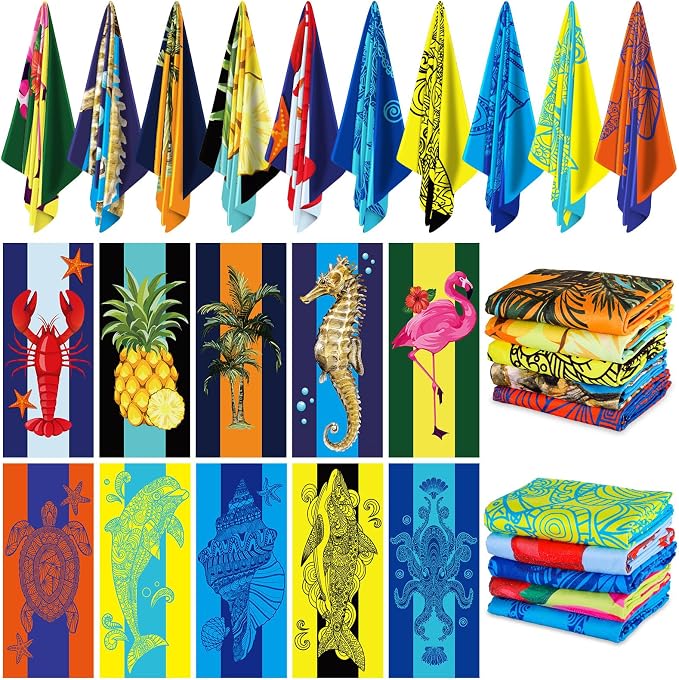 EBOOT 10 Pack Oversized Beach Towel Set Extra Large Pool Towels Microfiber Quick Dry Swim Blanket for Adult Women Men Face Hand Body Bath Travel Pool(Stylish Color,31 x 63 Inch,Ocean Animal) by eBoot