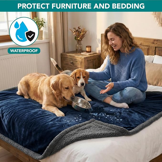 PetAmi Waterproof Dog Blanket for Couch, Queen 90x90, Pee Proof Sherpa Fleece Reversible Pet Throw, Furniture Protector for Bed Sofa, Soft Washable Cover for Large Dogs Cats, Blue Grey - Image 2