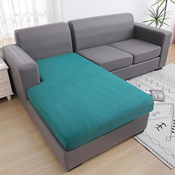 Smiry Waterproof Couch Cushion Covers, L Shape Sectional Couch Covers | Stretch Jacquard Chaise Lounge Sofa Slipcover, Washable Elastic Furniture Protector for Pets, Chaise, Peacock Green - Image 5