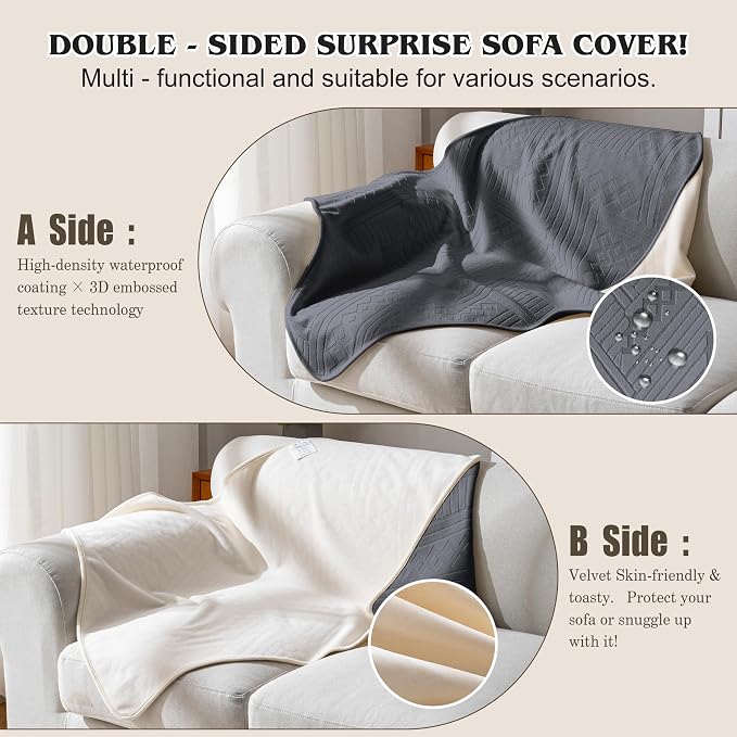 Waterproof Recliner Chair Cover - Washable Double-Sided Velvet and Pattern Reversible Cover for Couch, Bed, Sofa Protection for Dogs, 30x40in/Dark Grey - Image 2