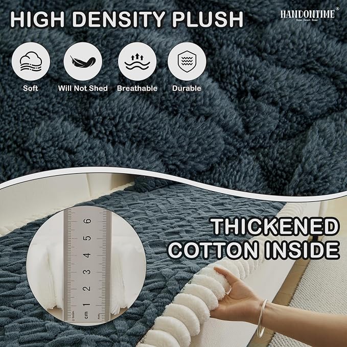 HANDONTIME Pet Couch Cover Jacquard Geometric Sofa Cover Faux Fur Plush Couch Covers for Pets Washable Durable Sofa Protector for 3 Cushion Non-Slip Furniture Cover (Stormy Blue, 27.6" x 59.1") - Image 2