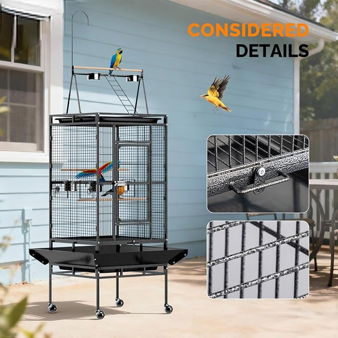 VINGLI 83 Inch Bird Cage with Play Top, Large Wrought Iron Bird Cage with Wheels, Rolling Parakeet Cage with Removable Tray for Cockatiels Lovebird Finches Canaries - Image 8