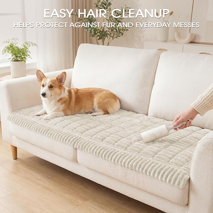 Non-Slip Washable Couch Cover for Dogs, Soft Thick Ribbed Flannel | 27.6"x82.7", Cream, 0.8" Thick, Rubber Dot Backing, Pet-Friendly Protector for Sofa, Floor, Window Bench, Car Seat or Camping - Image 5