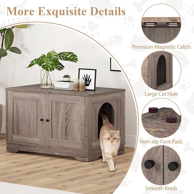 Tangkula Cat Litter Box Enclosure, Wooden Kitty Washroom Cabinet w/Winding Entry & Cat Hole, with Divider, Hidden Double Enclosed Litter Box Furniture for Living Room, Bedroom, Entryway (Grey) - Image 8