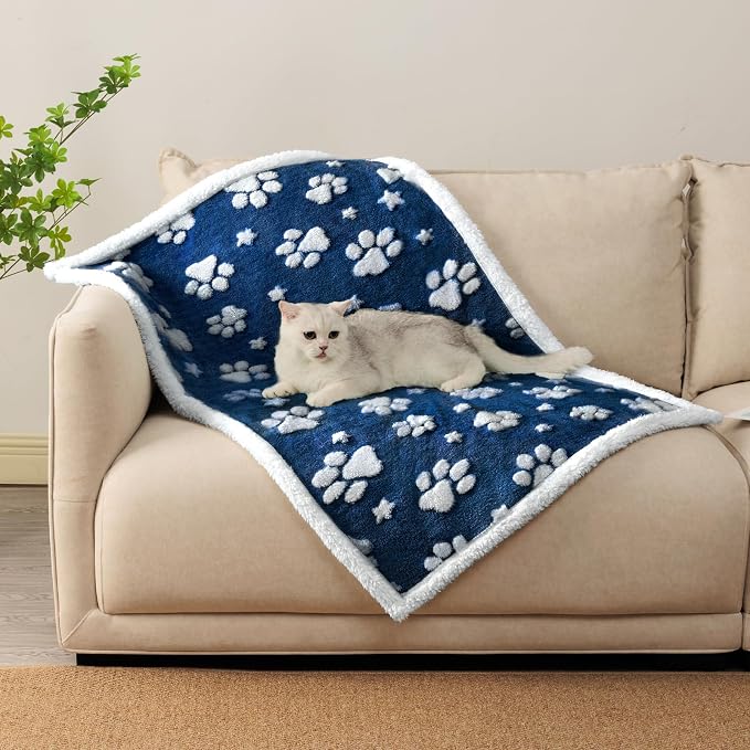 Cute Waterproof Blanket for Dog Cat or Adult, 60"x80", Navy Blue | 3D Textured Paw Pet Blanket for Bed Couch Sofa, Soft Liquid Pee Proof Pet Furniture Protector - Image 6