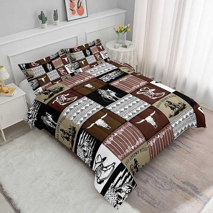 Western Cowboy Comforter Set Bull Skull Horse Printed Bedding Set with 1 Comforter and 2 Pillowcases for Boys and Girls Bedroom All Season(Cowboy-2 Twin) - Image 2