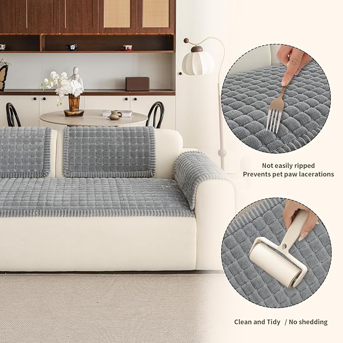 Couch Covers for Sofa Washable, Non Slip Couch Covers for Dogs, Soft Plush Pet Friendly Dog Couch Cover, Plaid Couch Protector for Dogs, Pet Couch Cover for 2-3 Seats(Light Grey,28"×83",1PC) - Image 6