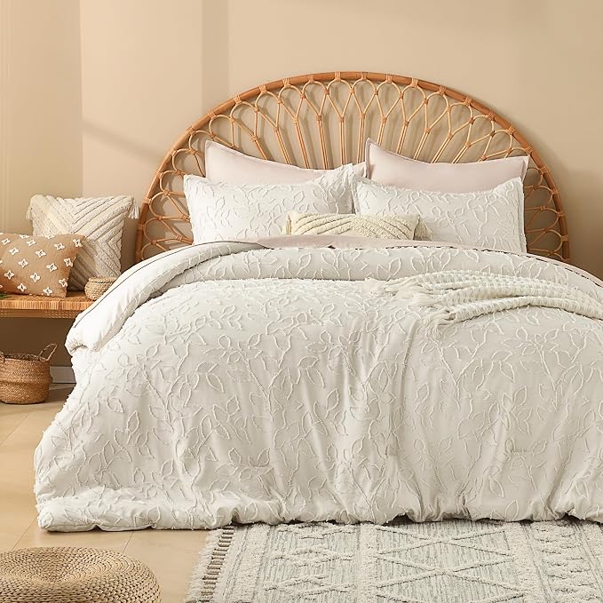Litanika King Size Comforter Set Beige, 3 Piece Cream Boho Tufted Bedding, Fluffy Farmhouse Bed Set for All Season with 2 Leaf Pattern Pillowcases（104x90In） by Litanika