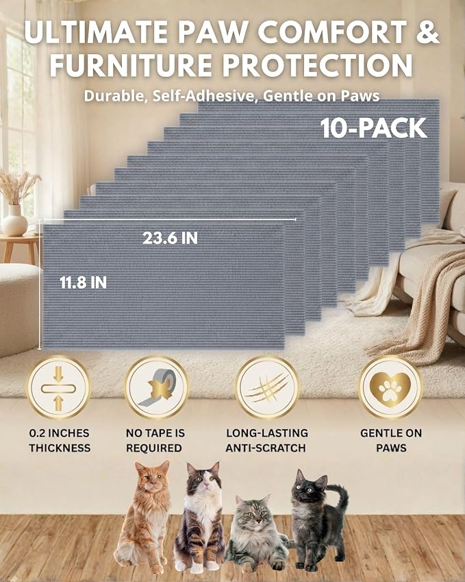 Corner & Wall Cat Scratch Mat (Grey, 23.6''x11.8'',10-Pack), Self-Adhesive Trimmable Cat Scratcher, Wall Mounted Scratching Pad for Indoor Cats, Sofa Furniture Protector, Cat Post Cover Replacement - Image 6