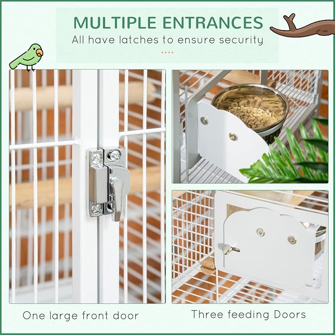 PawHut 55" Large Parrot Cage with Toy Hooks Above Top Bird Perch, Tray, Food Cups, Rolling Stand, Bird Cage for Cockatiels, Parakeets, Lovebirds | Above Top Bird Perch, Rolling Stand, for Cockatiels, Parakeets, Lovebirds - Image 3
