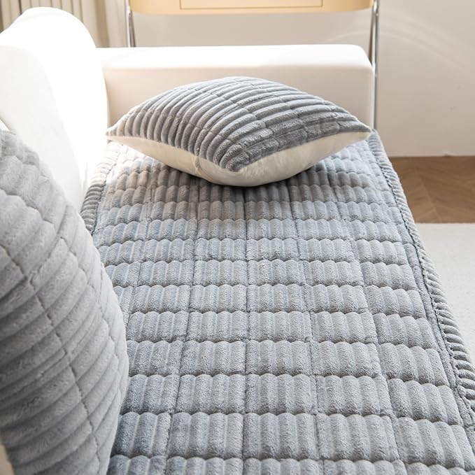 vctops Striped Couch Cover Super Soft Corduroy Sectional Sofa Cover Washable Non Slip Sofa Slipcover Furniture Protector for Kid Dog Pet,1 Piece (Light Grey,24"x35") - Image 5