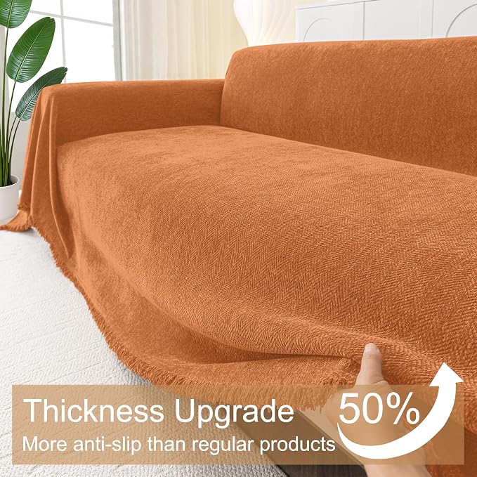 Smiry Couch Cover for Dogs, Chenille Sofa Covers for 3 Cushion Couch | Washable Soft Sofa Slipcover for Pets, Thick Sectional Furniture Protector with Tassels (Orange, 71x102 Inch) - Image 4