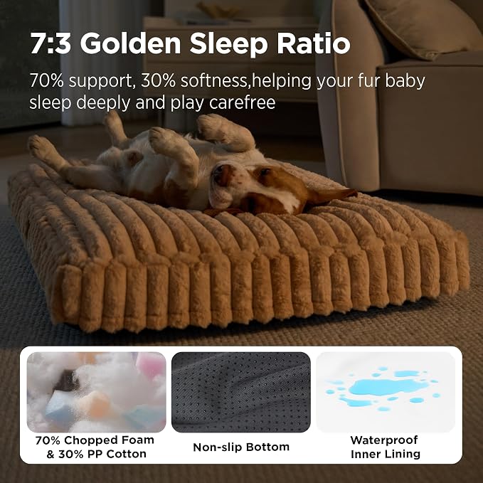 Bedsure ComfyFleece™ Fluffy Balanced Support Large Dog Bed for Crate,35x22 | Golden Ratio Chopped Foam & PP Cotton, Home Decor,Waterproof Liner, Removable Washable Cover, Nonslip Bottom,Sandy Beige - Image 3