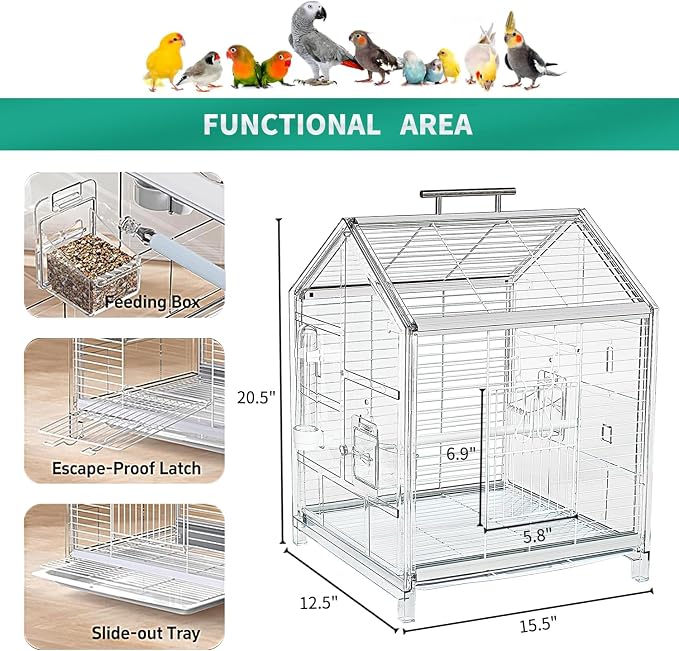 20.5 inch Small Bird Cage, Parrot Cage, Portable Bird Carrier, Travel Carrier Cage for Home, Outing, Pet Clinic, Temporary Placement, for Small Medium Birds(White) - Image 2