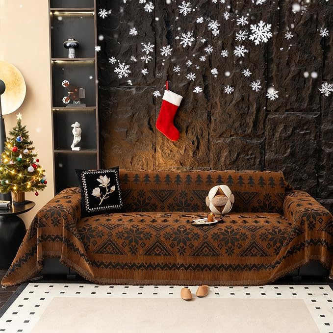 VClife Boho Couch Cover for Christmas 1 Piece Soft Warm Couch Cover for Sectional Sofa, Washable Pumpkin and Black Jacquard Loveseat Sofa Covers for Home Office RV 71"x118" by VCLIFE