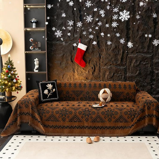 VClife Boho Couch Cover for Christmas 1 Piece Soft Warm Couch Cover for Sectional Sofa, Washable Pumpkin and Black Jacquard 3-Seaters Sofa Covers for Home Office RV 71"x134" by VCLIFE