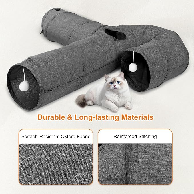Ownpets Cat Tunnel Large 3 Way Collapsible Cloth Pet Tunnel Tube with Plush Ball & Feather Toy, U-Shaped Cat Play Tunnel for Indoor Cat, Puppy, Kitty, Kitten, Rabbit(Gray) - Image 6