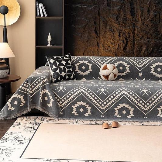 VClife Bohemian Aztec Couch Cover Sectional Sofa Slipcover Washable Chenille Couch Cover for 3 Cushion Couch Sofa - Gray White Tribal Geometric Pattern Furniture Protector with Tassel Edge 71" X 134" by VCLIFE