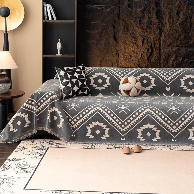 VClife Bohemian Tribal Sofa Cover Gray White Aztec Geometric Pattern Couch Cover for 3-4 Cushion Couch Sofa - Non Slip Sectional Slipcover Decorative Furniture Protector for Home Decor 71" X 150" by VCLIFE