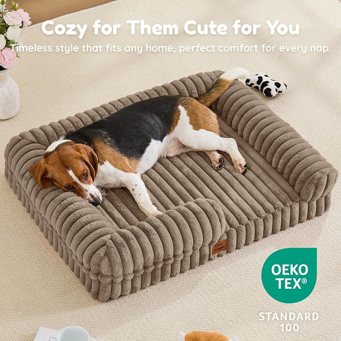 ChiXnuggle Faux Fur Orthopedic Dog Bolster Bed, Waterproof Washable Cover | rectangular dog sofa couch,egg crate foam,non-slip bottom,for large dogs,taupe,35*28*7 - Image 8