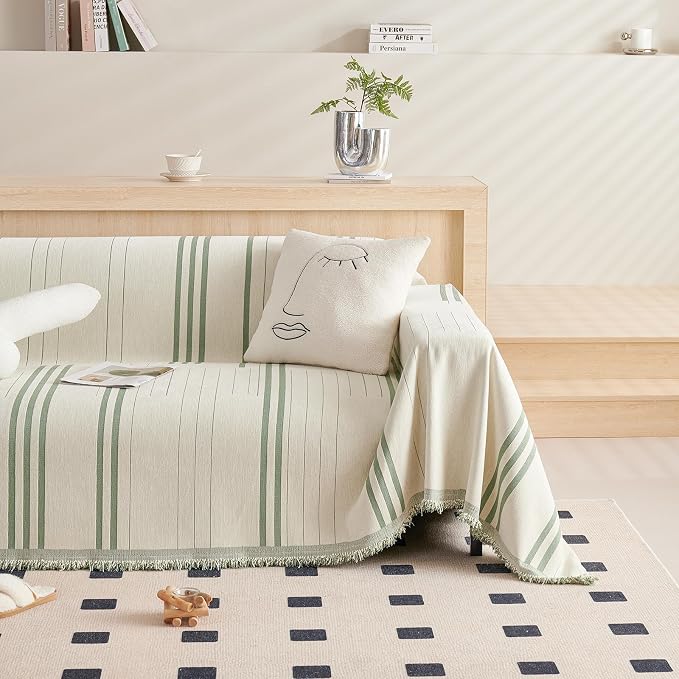 DREAMINGO Armchair Cover Washable Chenille Sofa Protector for Pet Kids Beige Green Chair Couch Covers for 1 Cushion Couch Stripe Jacquard Versatile Sofa Throw Slipcover for Futon Couch, 71"x91" - Image 7