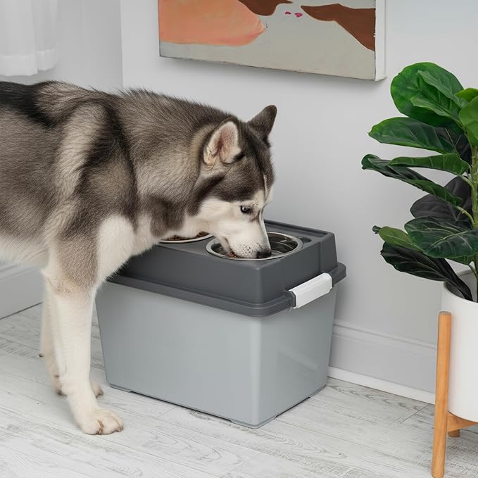 IRIS USA Dog Bowls Elevated with Storage, 15" H Raised Feeding Station, Dog Bowl Stand with Airtight Food Storage Holds 47 lbs, 2 Removable 64 oz Stainless Steel Bowls for Large Dogs, Gray/Dark Gray - Image 4