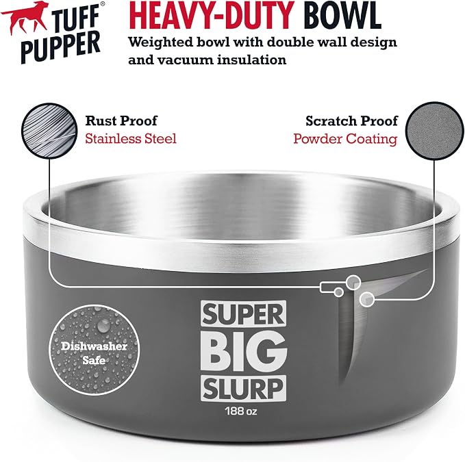 Tuff Pupper Heavy Duty Insulated Dog Bowl | Double Wall Stainless Steel Dog Food Dish | Non-Slip Spill Proof Dishwasher Safe Cat Bowl | Water Dish for Feeding Large Medium Small Pets (188oz, Grey) - Image 3